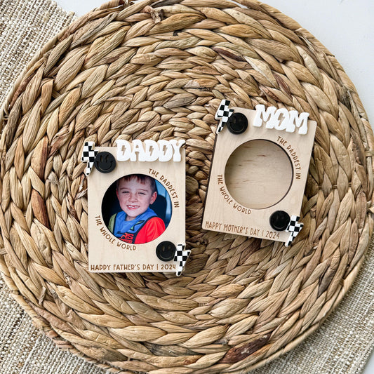 Rad Dad lightning bolt photo magnet in maple wood and acrylic, personalized dirt bike Father's Day gift