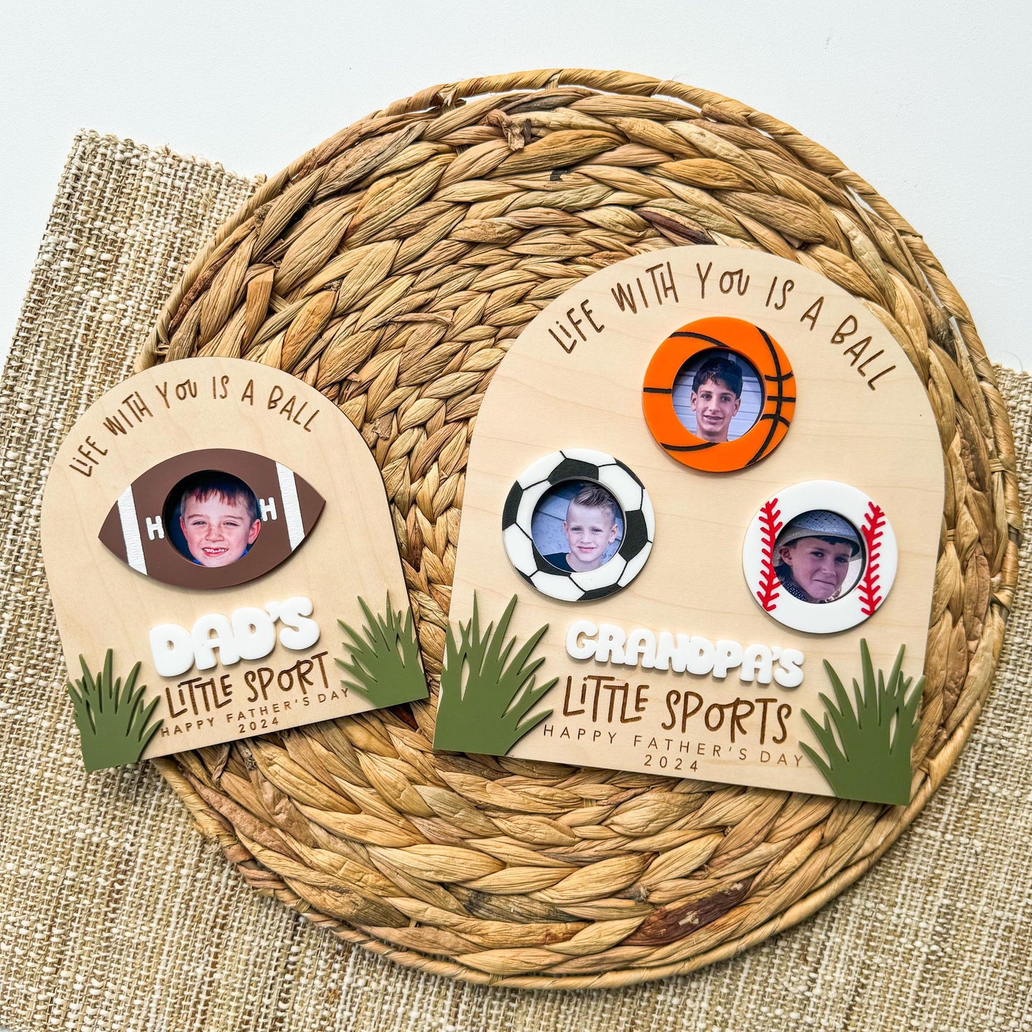 Personalized little sports photo frame in maple wood, Father's Day gift for sports dad