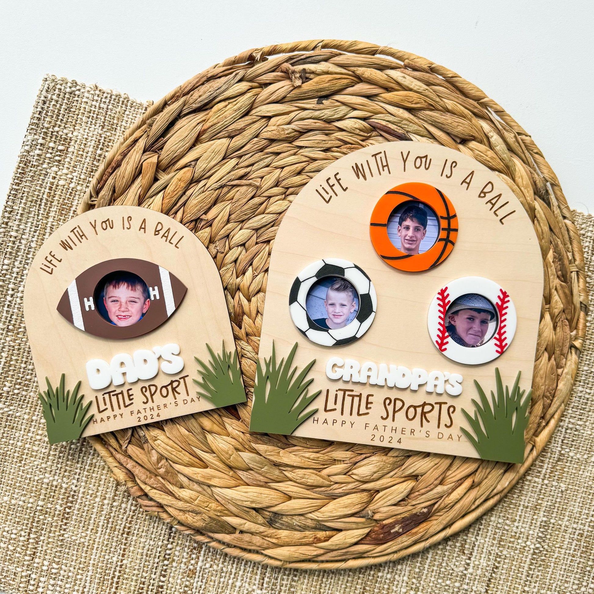 Personalized little sports photo frame in maple wood, Father's Day gift for sports dad