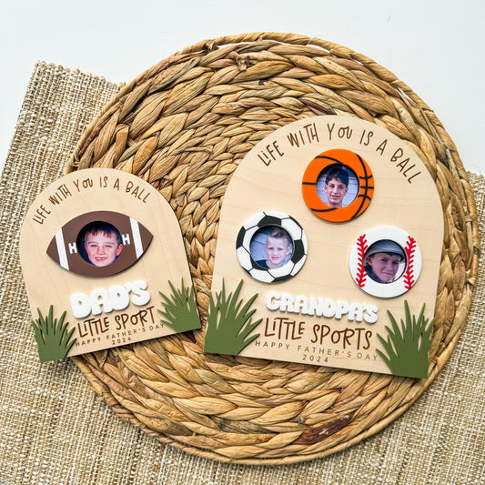 Personalized little sports photo frame in maple wood, Father's Day gift for sports dad