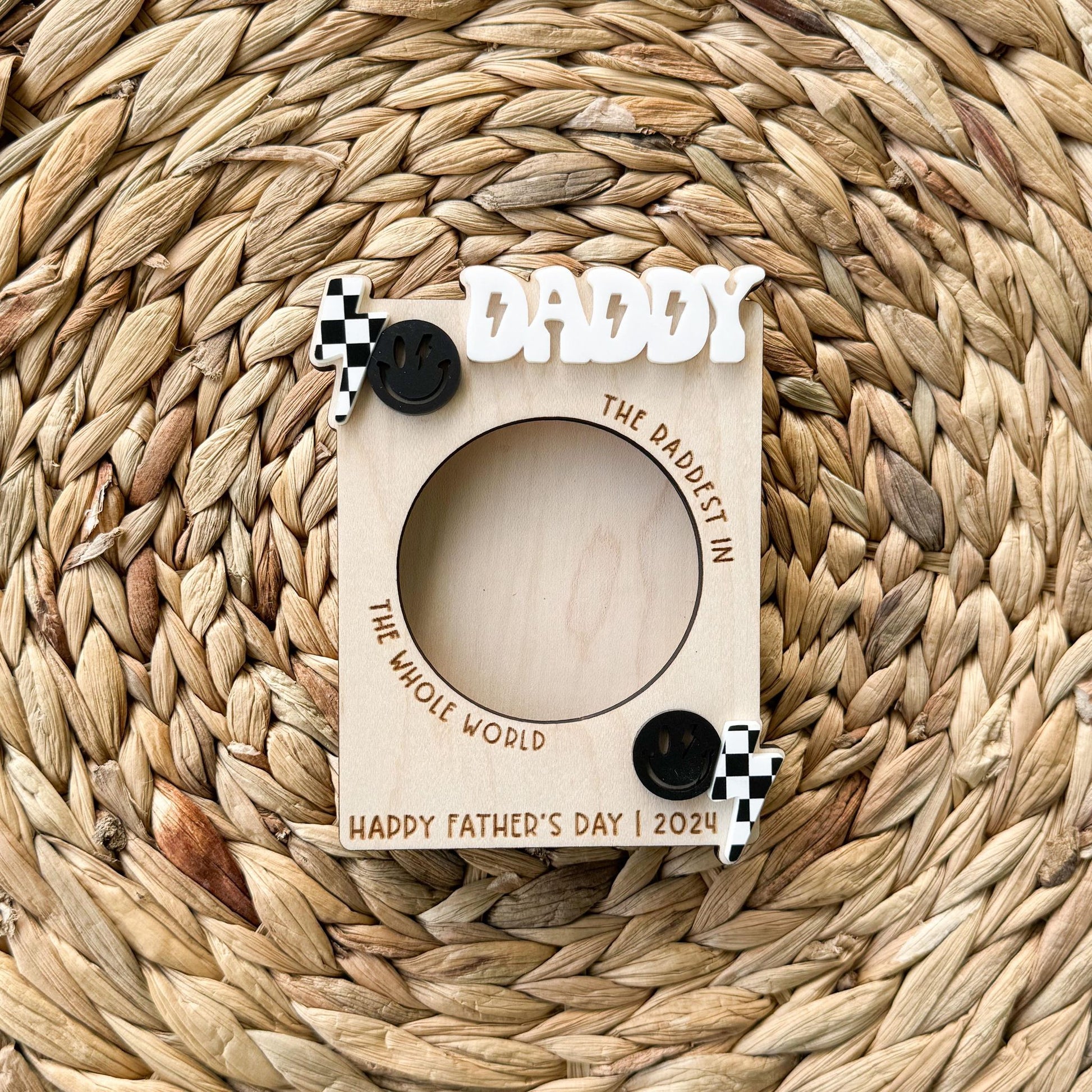 Rad Dad maple wood photo magnet displayed on fridge, Father's Day gift from kids