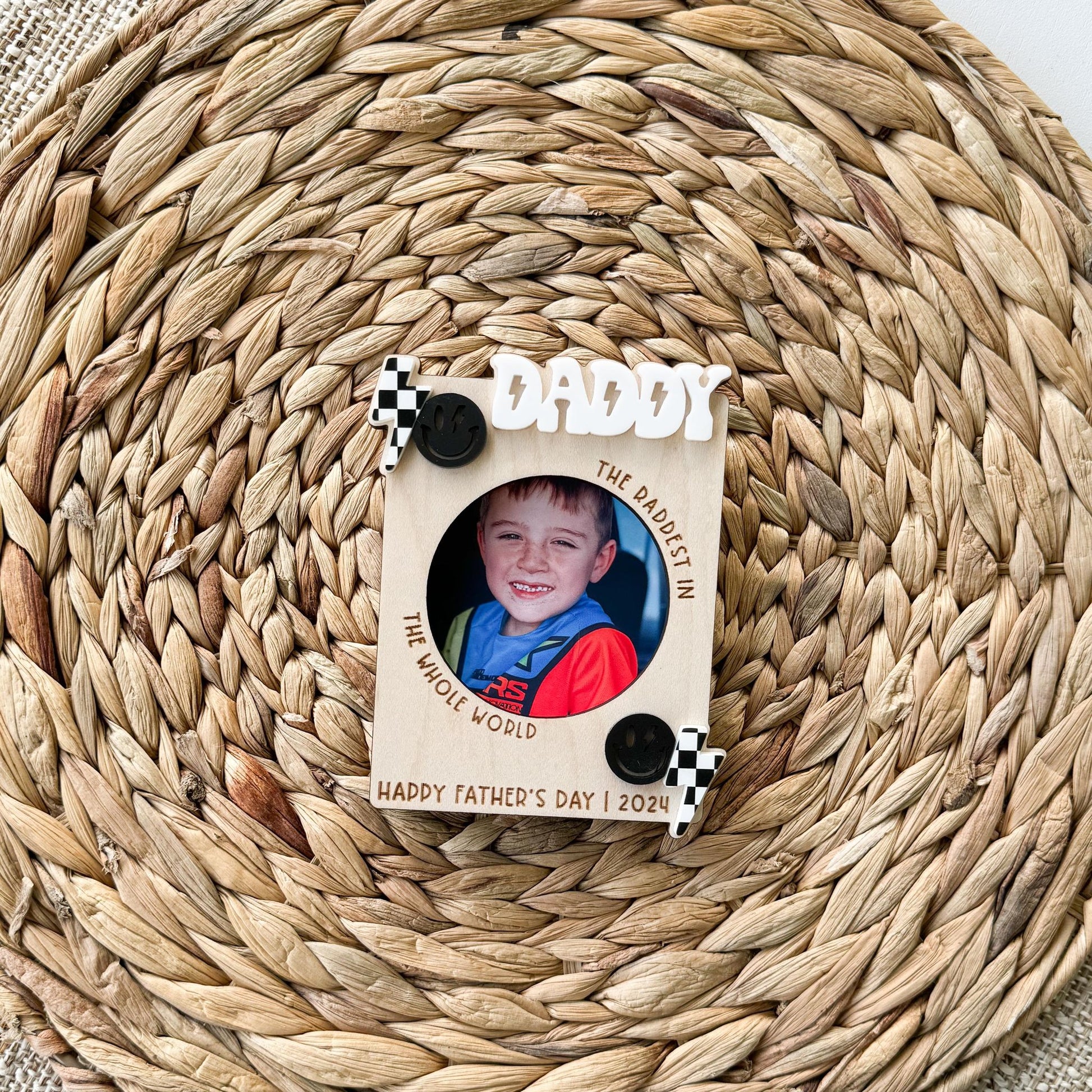 Personalized dirt bike Dad photo magnet showing lightning bolt design and custom name