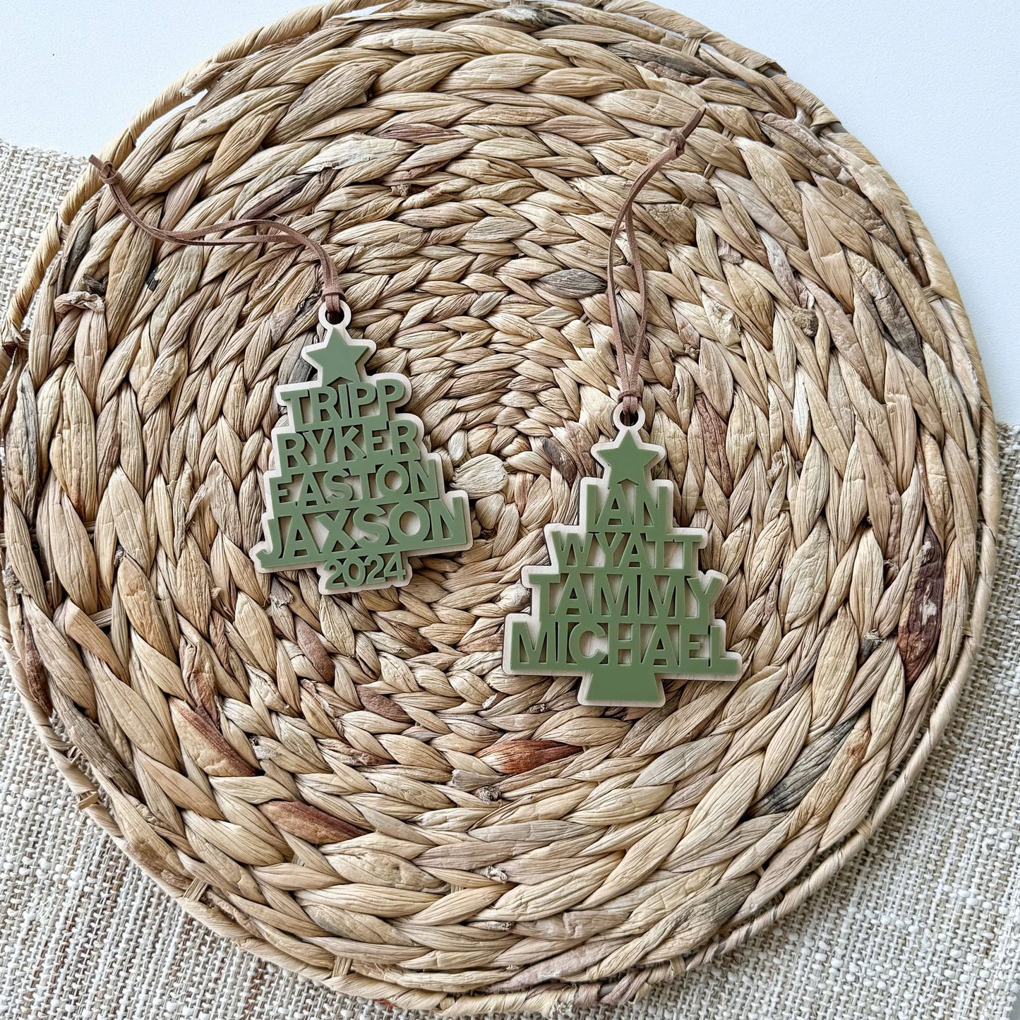 Custom name Christmas tree ornament in maple wood with personalized engraved name