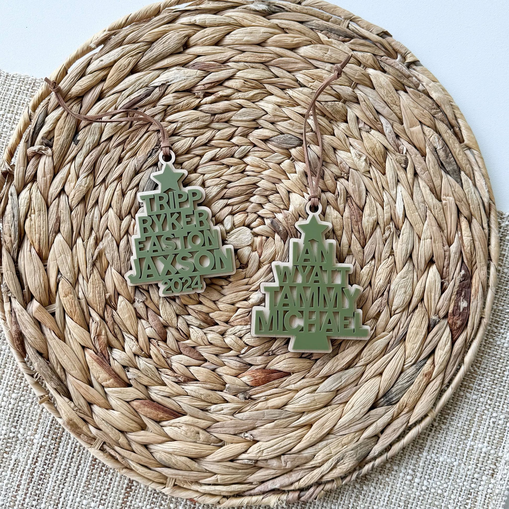 Custom name Christmas tree ornament in maple wood with personalized engraved name