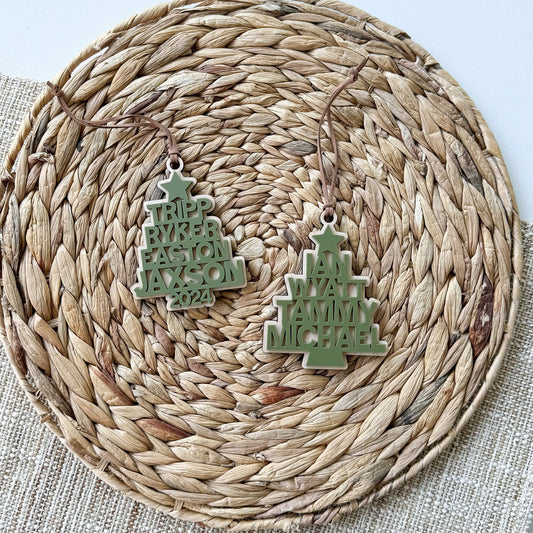 Custom name Christmas tree ornament in maple wood with personalized engraved name
