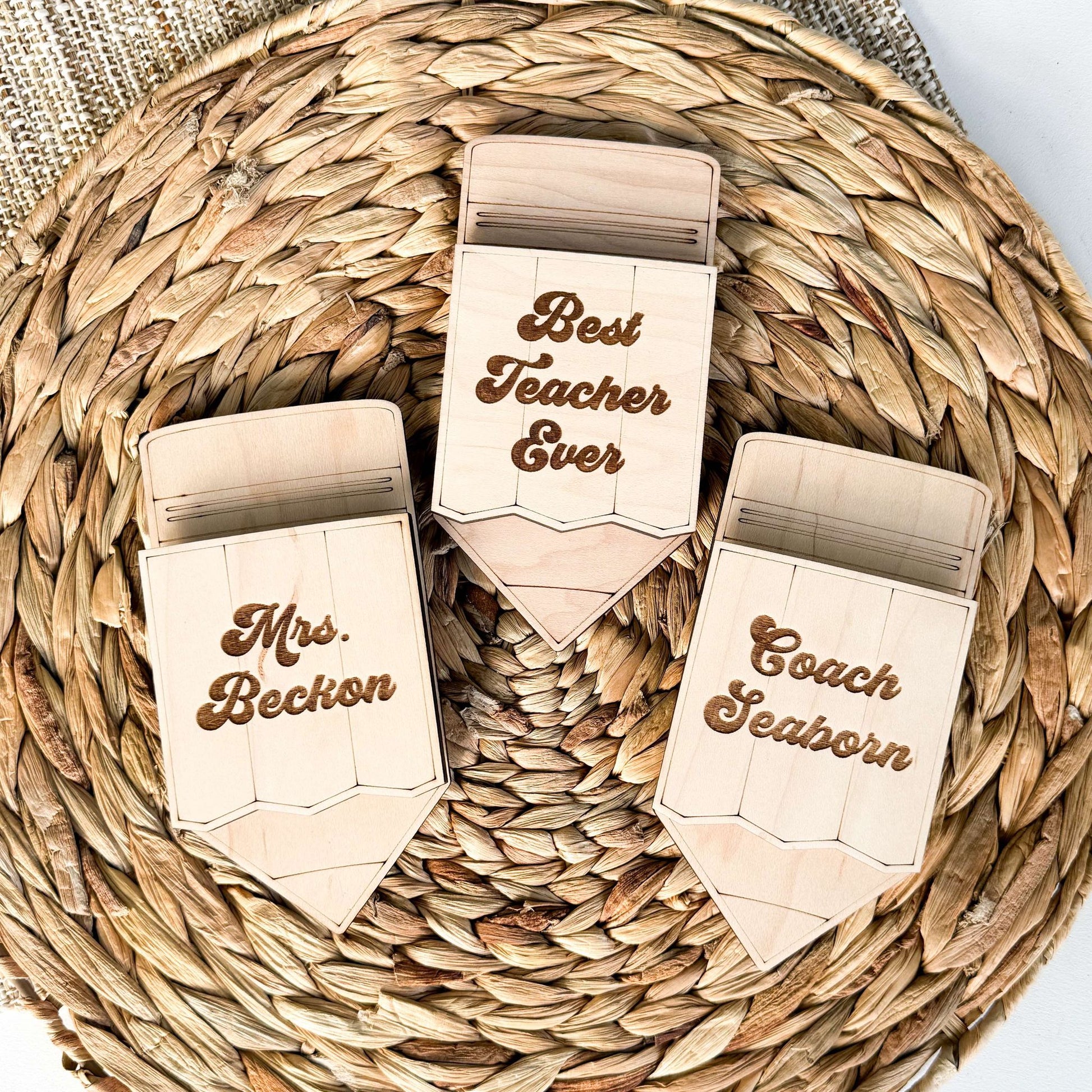 Pencil-shaped maple wood gift card holder for teacher appreciation gifts