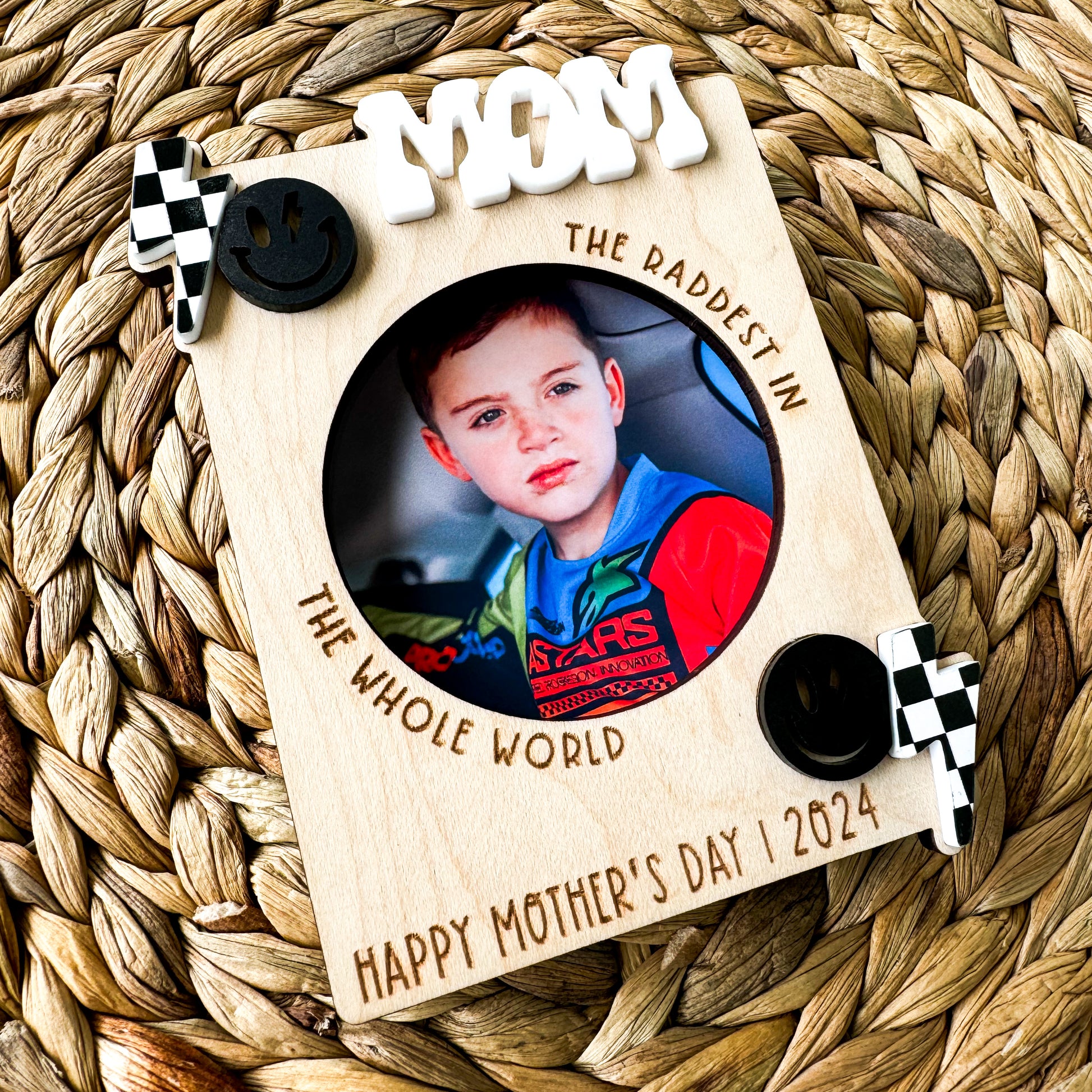Personalized dirt bike Mom photo magnet showing maple wood construction and custom name