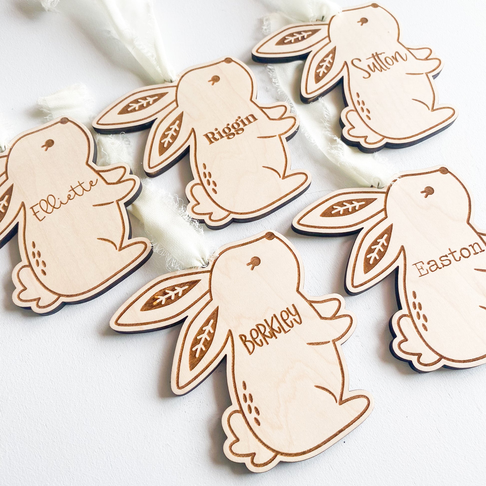 Personalized whimsical Easter basket tag in maple wood with custom name for kids