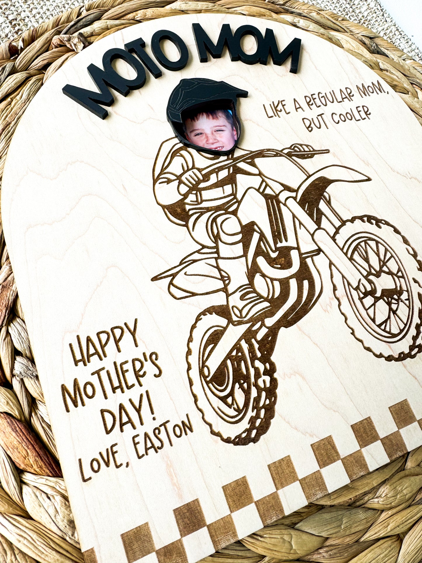 Moto Mom photo sign displayed, fully customizable wording for dirt bike Mom or Grandma