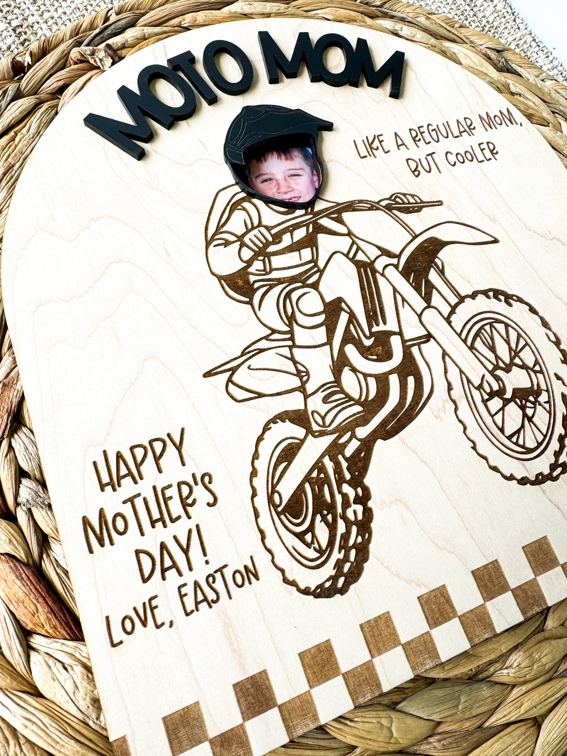 Moto Mom photo sign displayed, fully customizable wording for dirt bike Mom or Grandma
