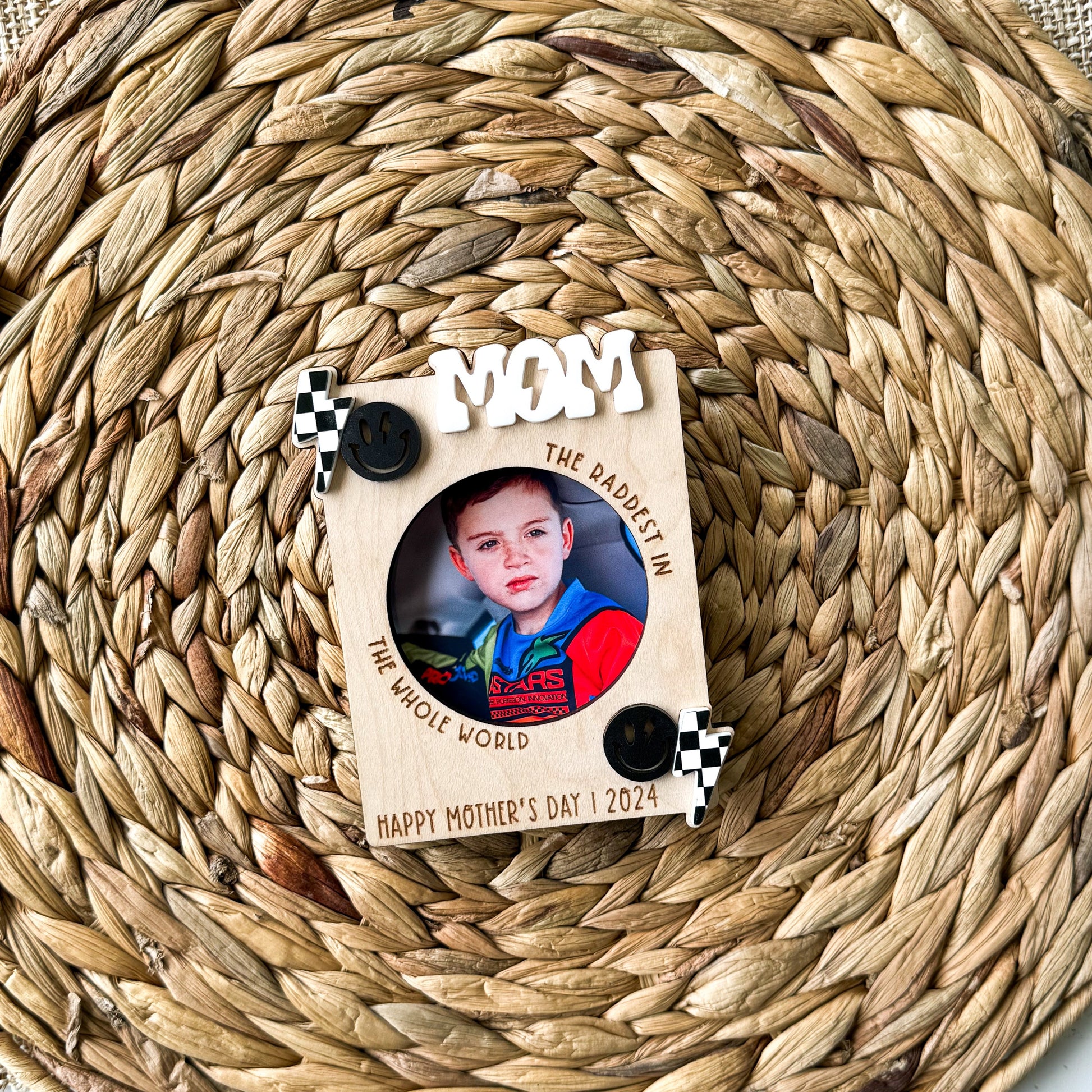 Rad Mom personalized dirt bike photo magnet in maple wood, Mother's Day gift for moto mom