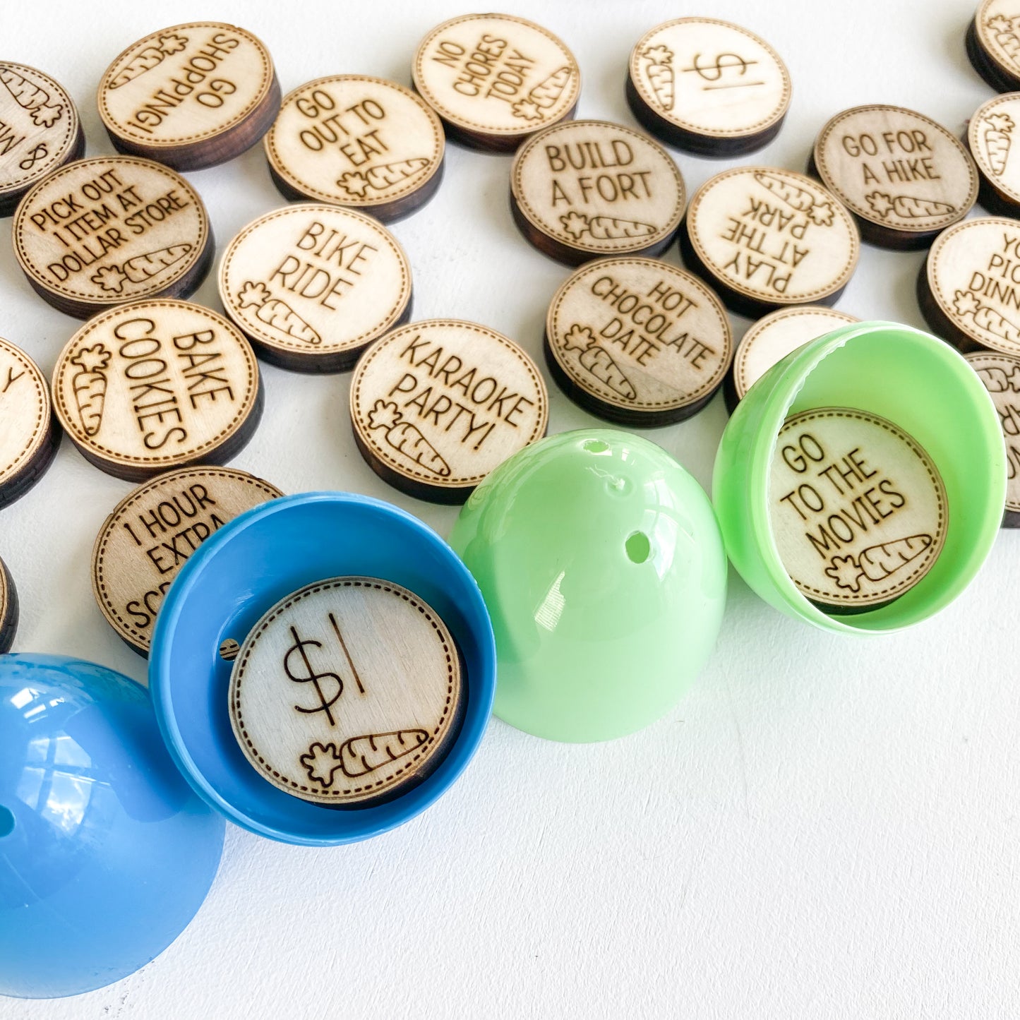 Set of wooden Easter egg tokens showing engraved names, unique basket stuffer