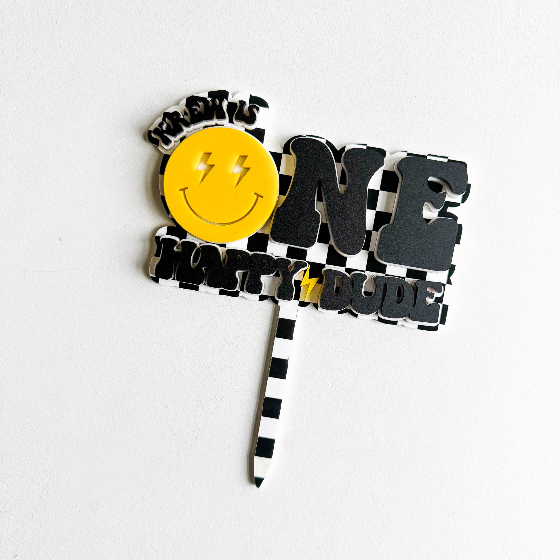 One Happy Dude first birthday smash cake topper in acrylic with smiley face design
