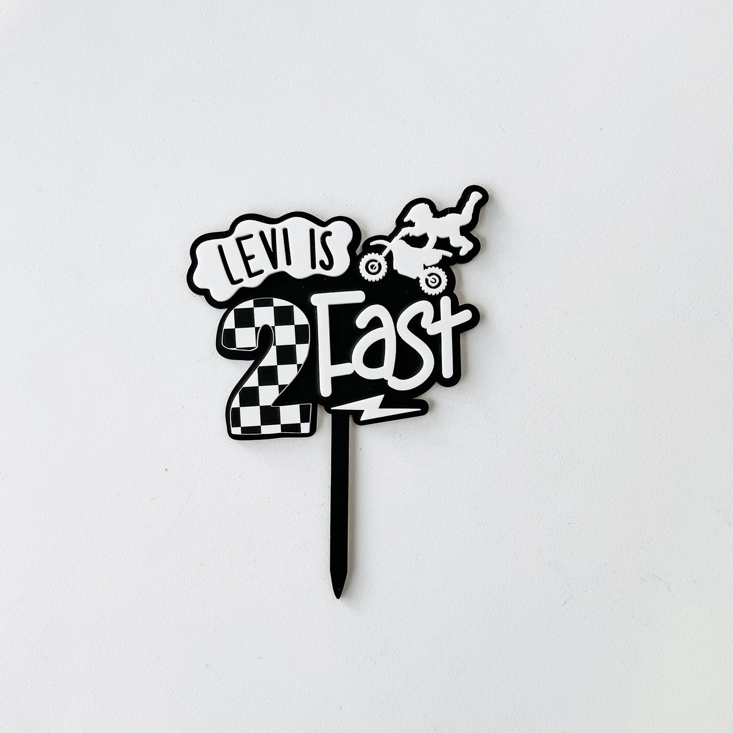 Two Fast dirt bike cake topper in acrylic for motocross 2nd birthday party