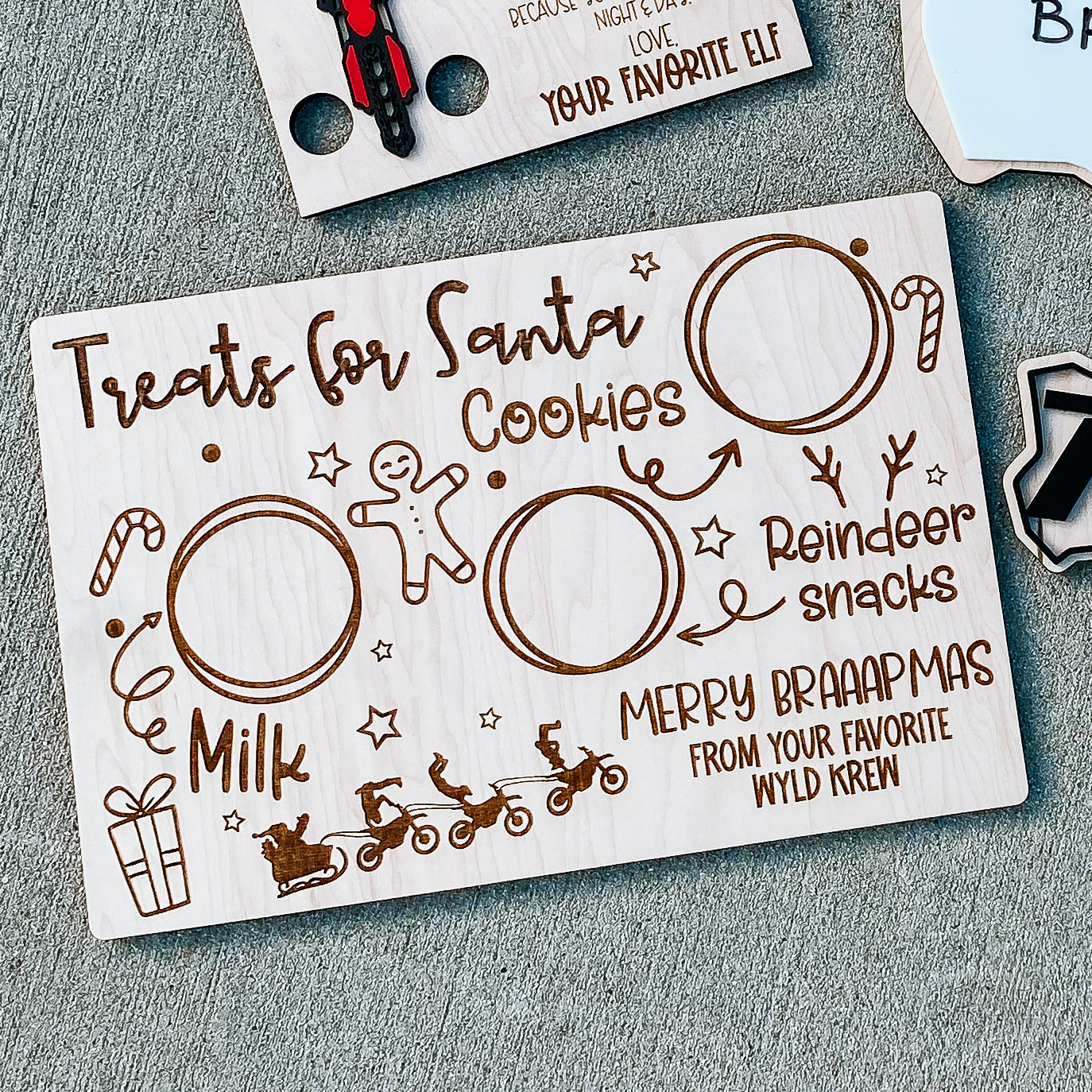 Merry Braaapmas personalized dirt bike milk and cookie board for motocross kids, Christmas Eve