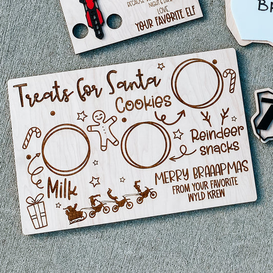 Merry Braaapmas personalized dirt bike milk and cookie board for motocross kids, Christmas Eve