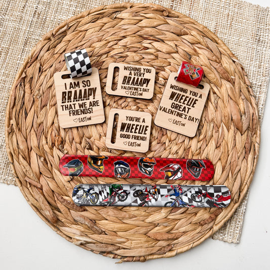 Dirt bike slap bracelet Valentine cards for boys classroom exchange, non-candy gift