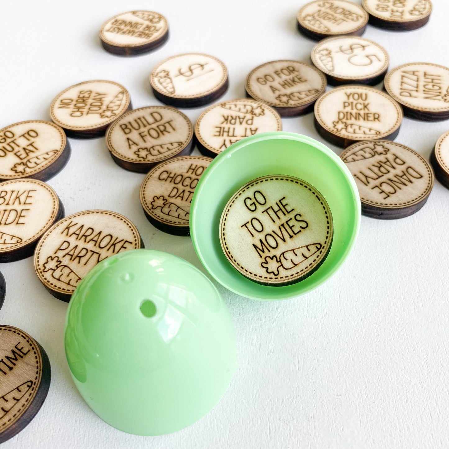 Personalized wooden Easter egg tokens for egg hunts, custom with child's name
