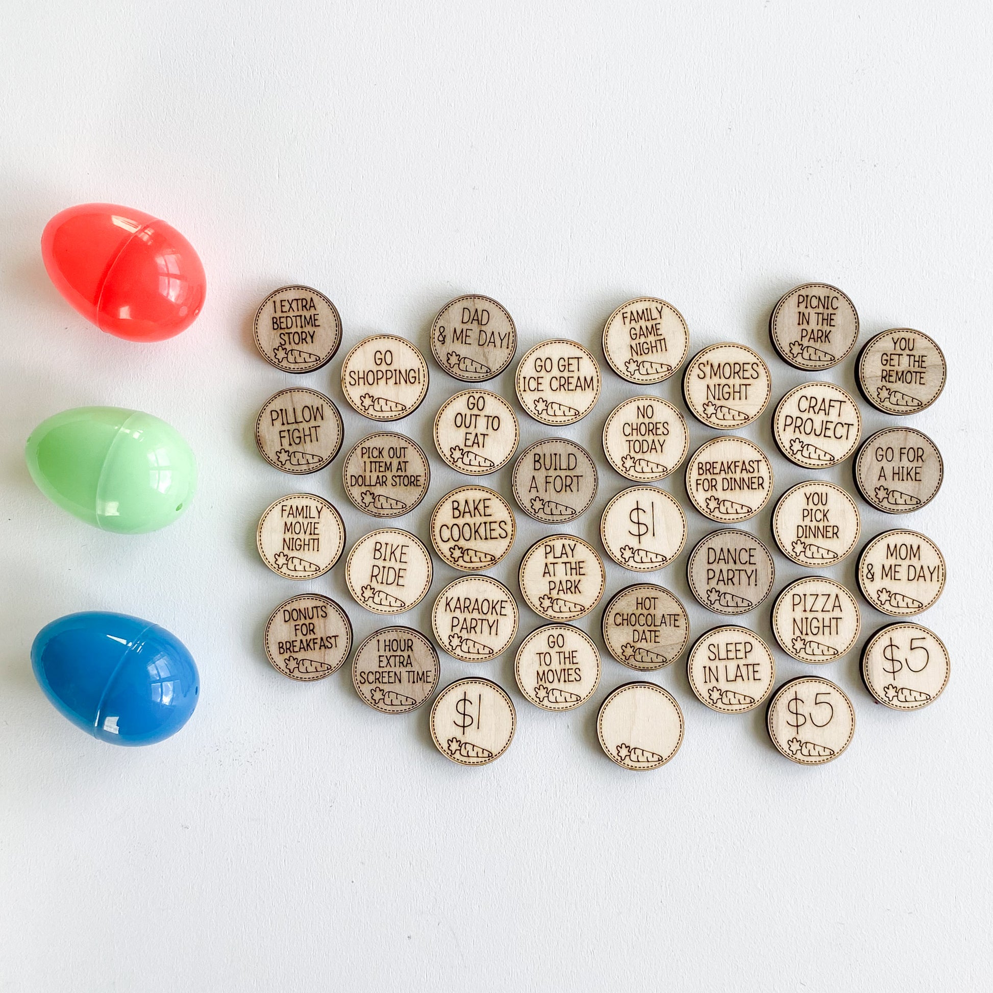 Personalized Easter egg hunt tokens in natural wood, fun alternative egg filler