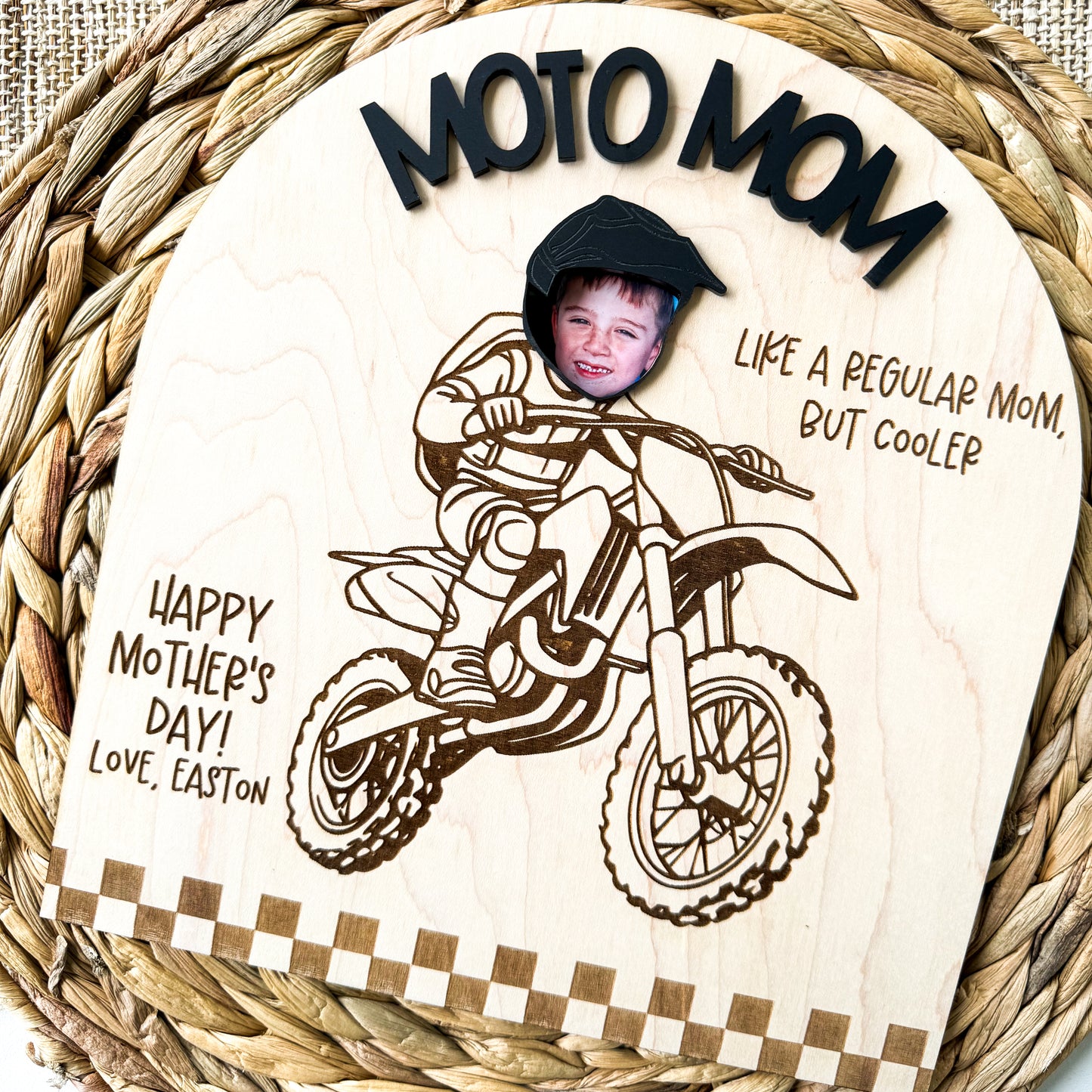 Personalized Moto Mom sign showing maple wood and acrylic construction with custom wording