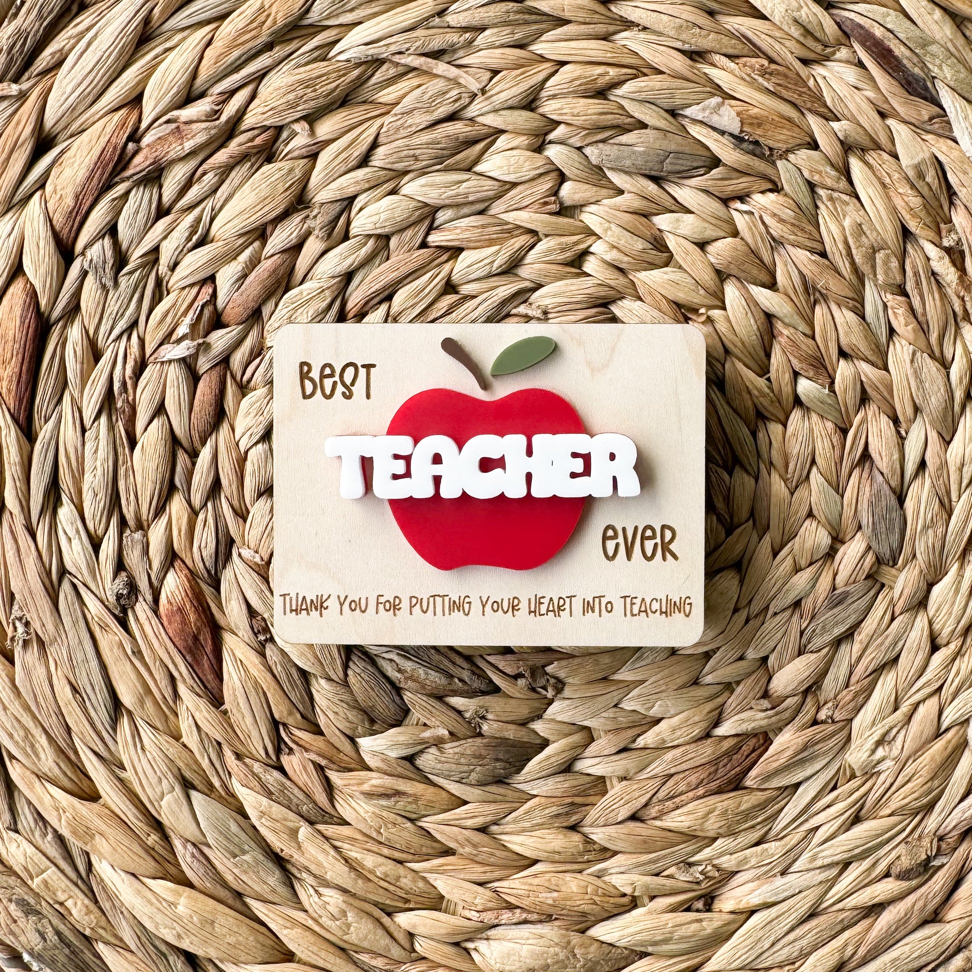 Close-up of personalized teacher appreciation gift card holder, end of year teacher gift