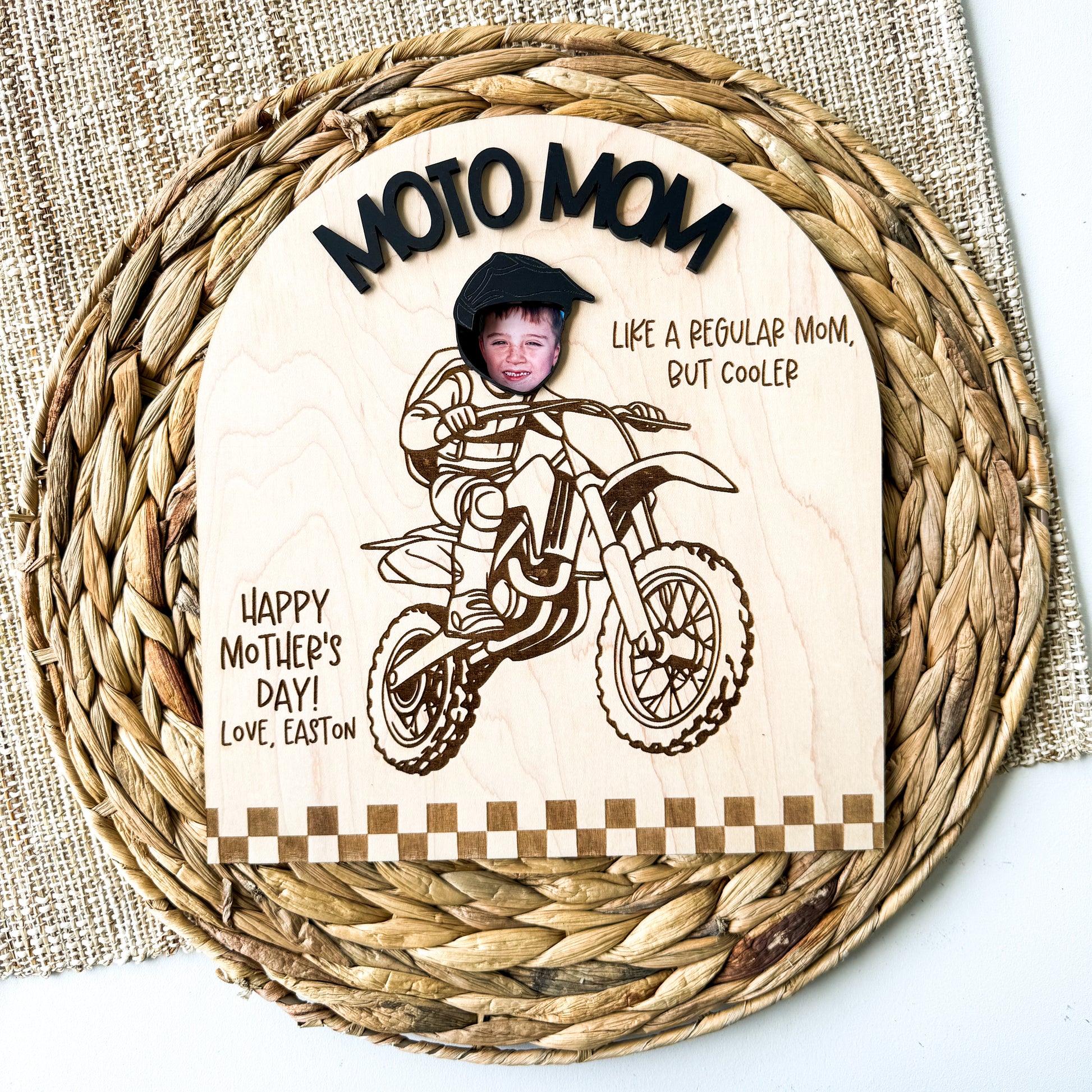 Moto Mom personalized photo sign in maple wood and acrylic, dirt bike mom Mother's Day gift