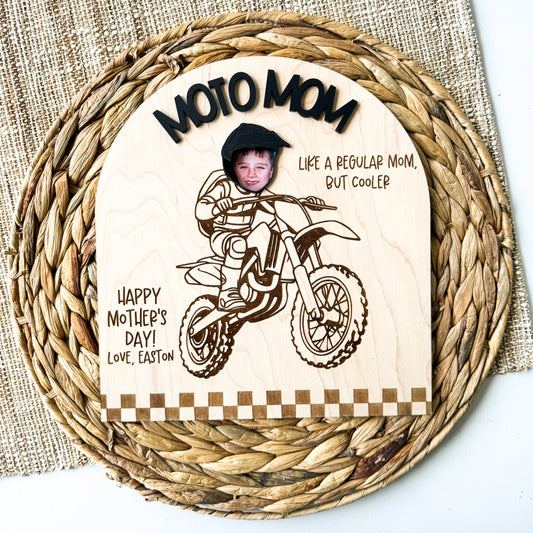 Moto Mom personalized photo sign in maple wood and acrylic, dirt bike mom Mother's Day gift