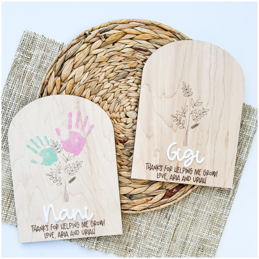 Mother's Day handprint flower sign in maple wood with child's handprints and custom name