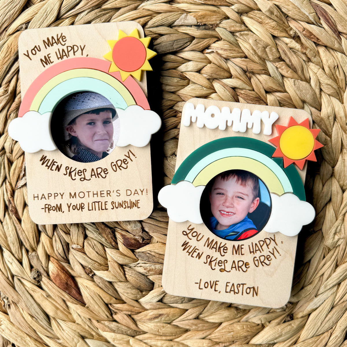 Personalized rainbow photo magnet showing colorful design and custom name on maple wood