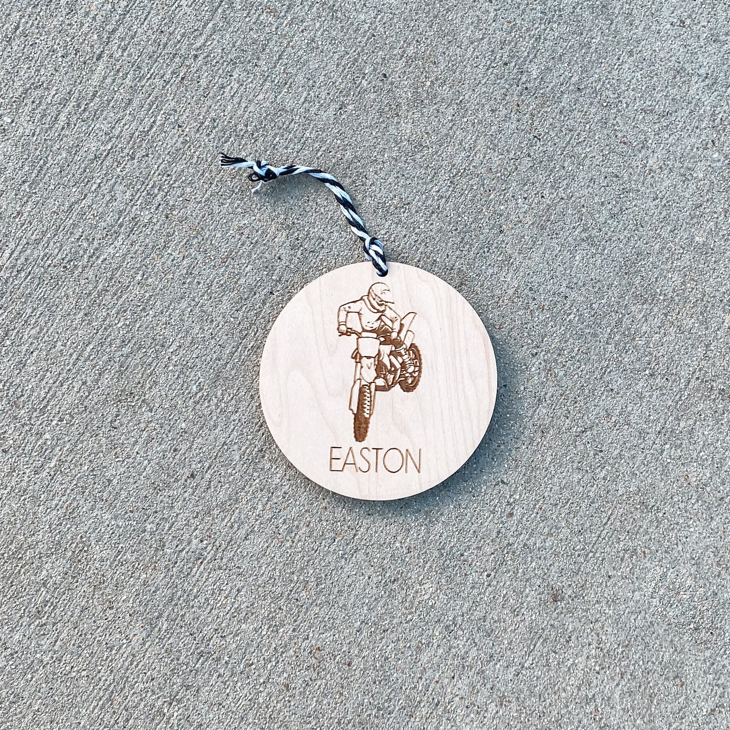 Personalized dirt bike Christmas ornament in maple wood with custom rider's name