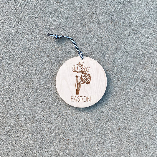 Personalized dirt bike Christmas ornament in maple wood with custom rider's name