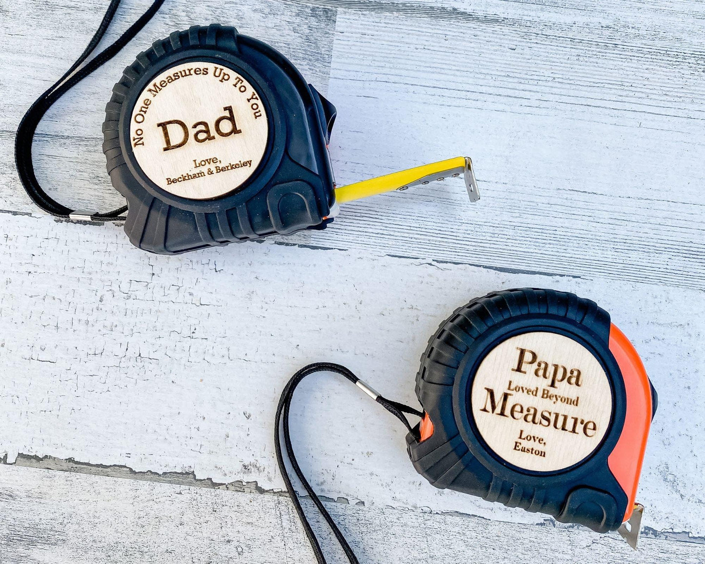 Personalized tape measure in wood and acrylic with custom name, unique Father's Day gift