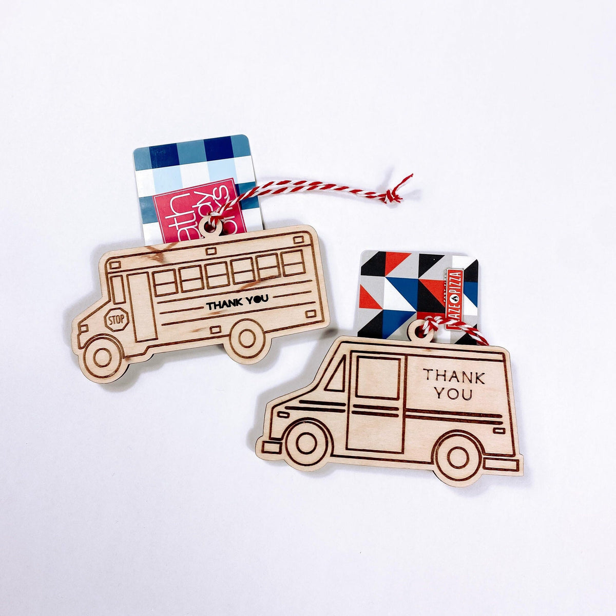 Wooden bus driver gift card holder ornament with a slot for a gift card