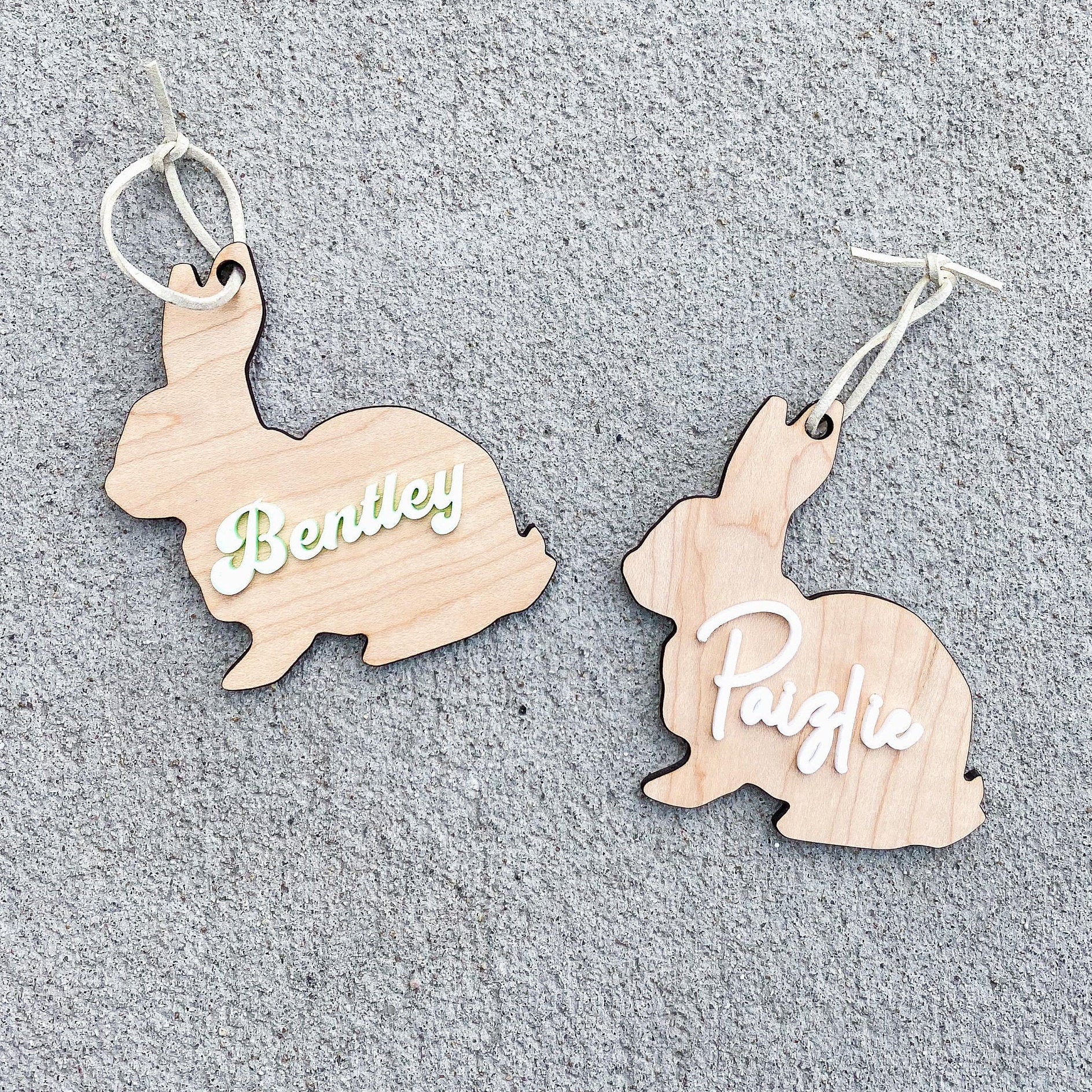 Personalized wood bunny Easter basket tag in maple wood with custom child's name