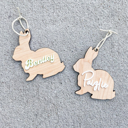Personalized wood bunny Easter basket tag in maple wood with custom child's name
