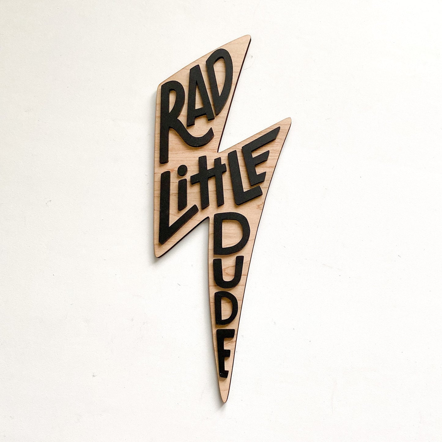 Rad Little Dude wooden wall sign showing natural wood grain finish, boys room decoration