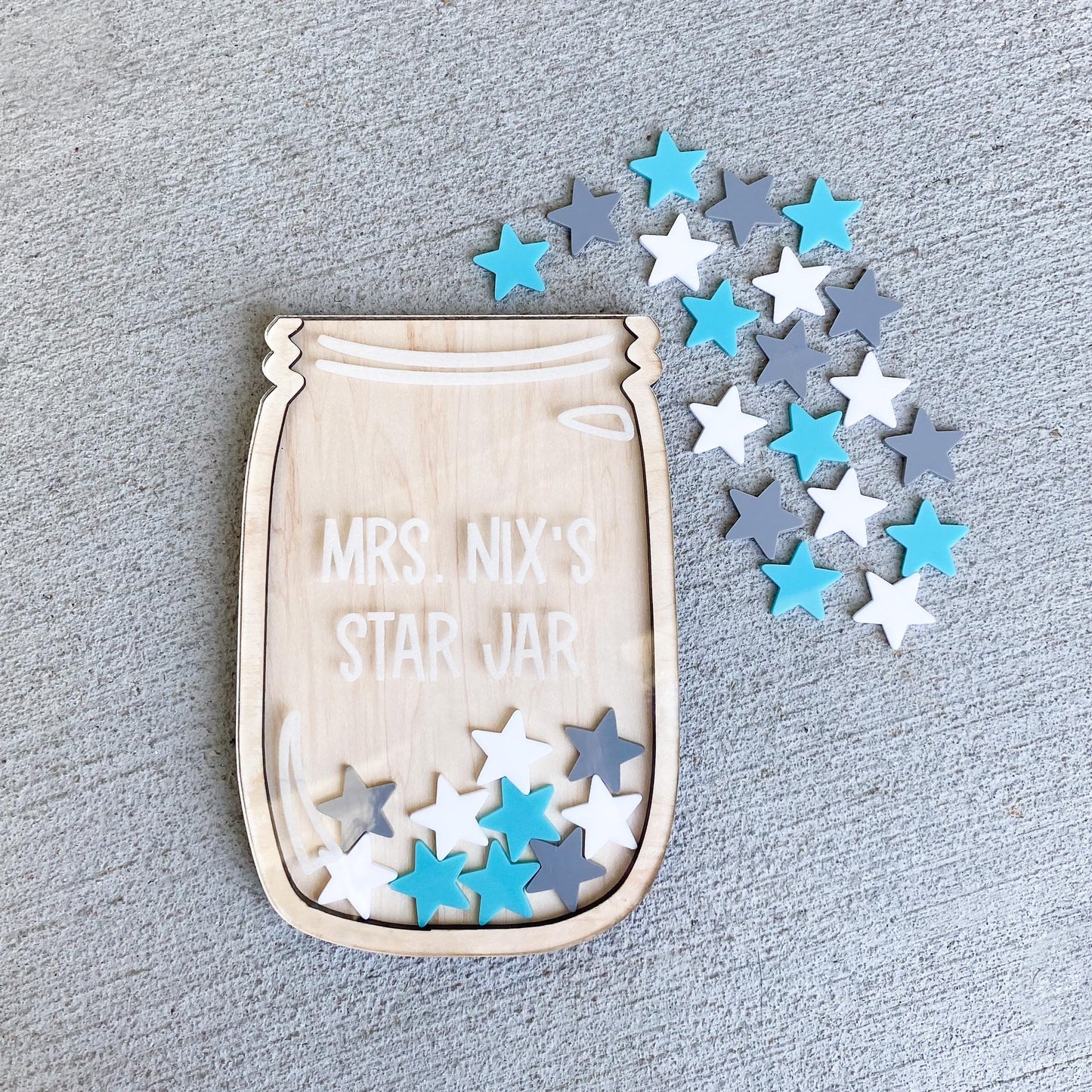 Personalized star reward jar in maple wood and acrylic with custom name, behavior chart for kids