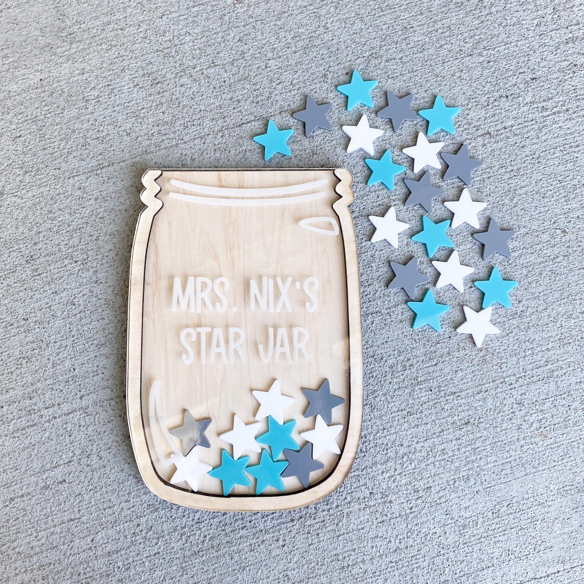 Personalized star reward jar in maple wood and acrylic with custom name, behavior chart for kids