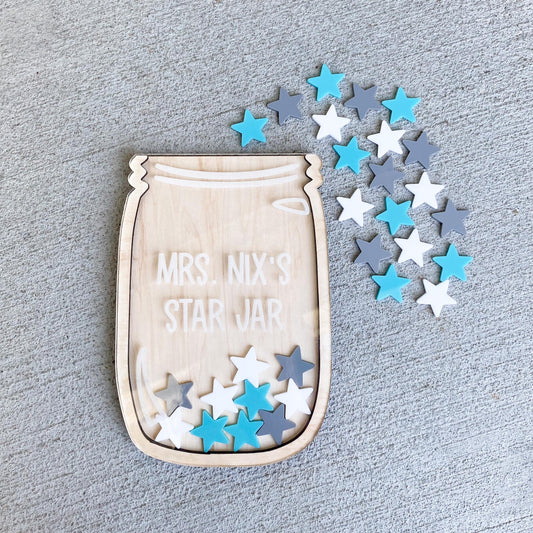 Personalized star reward jar in maple wood and acrylic with custom name, behavior chart for kids