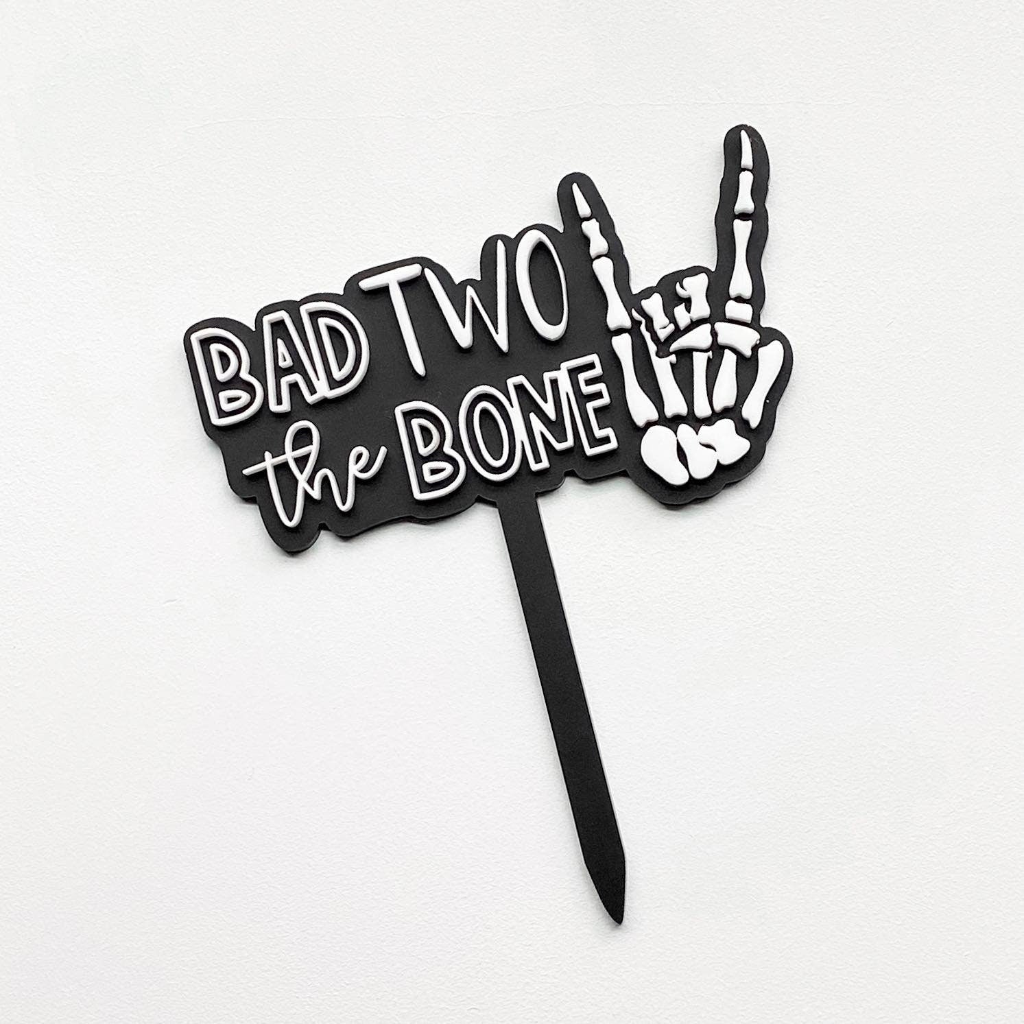 Bad Two the Bone skull acrylic 2nd birthday cake topper for boy or girl