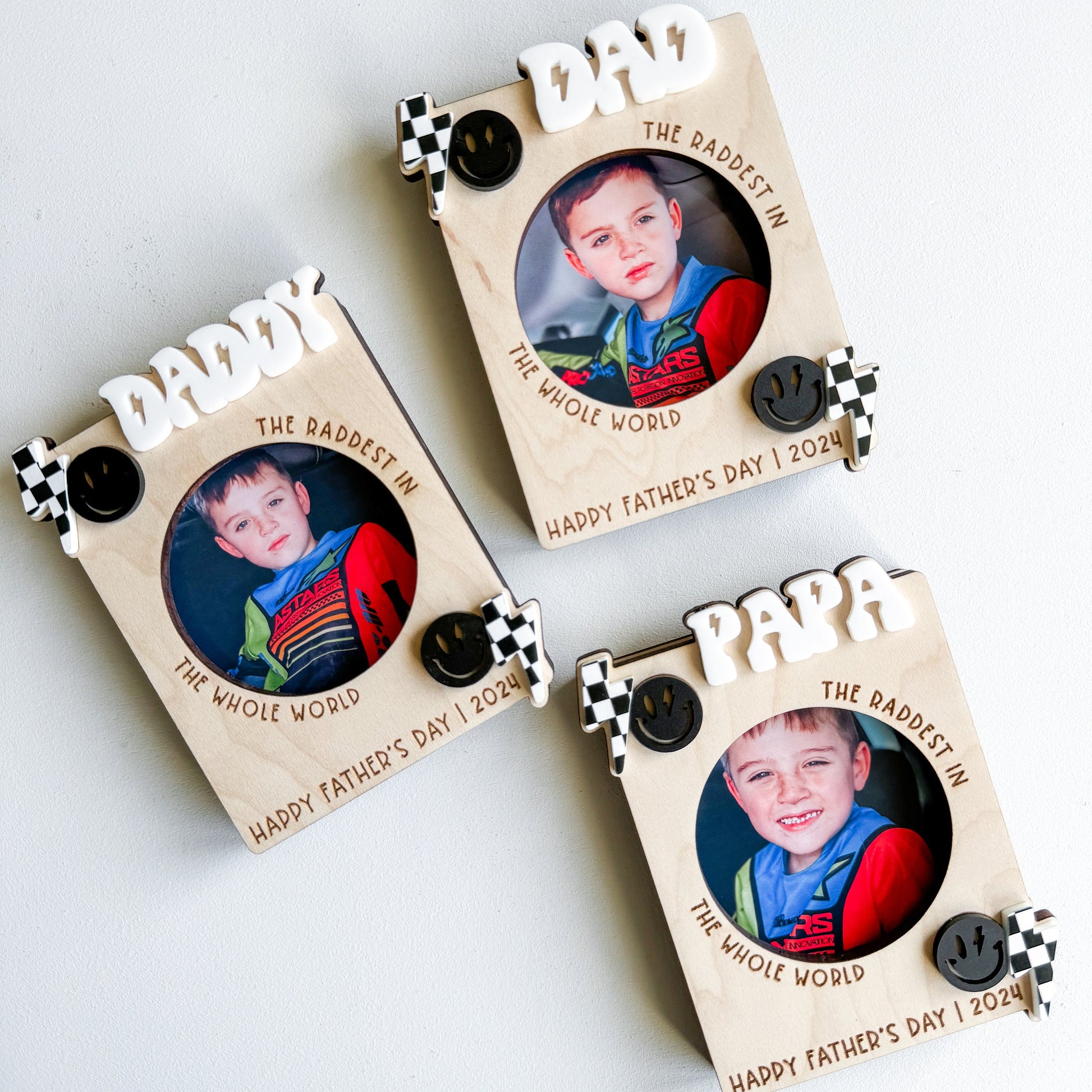 Rad Dad motocross photo magnet displayed as car visor clip or fridge magnet