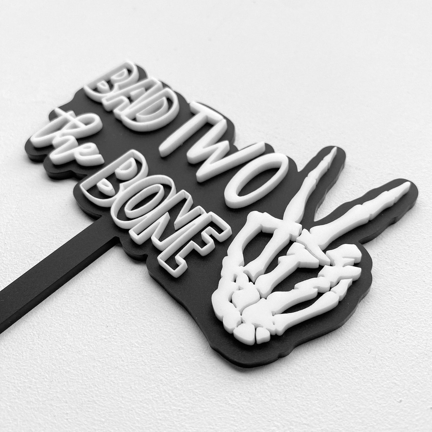 Bad Two the Bone peace sign skull acrylic 2nd birthday cake topper, personalized