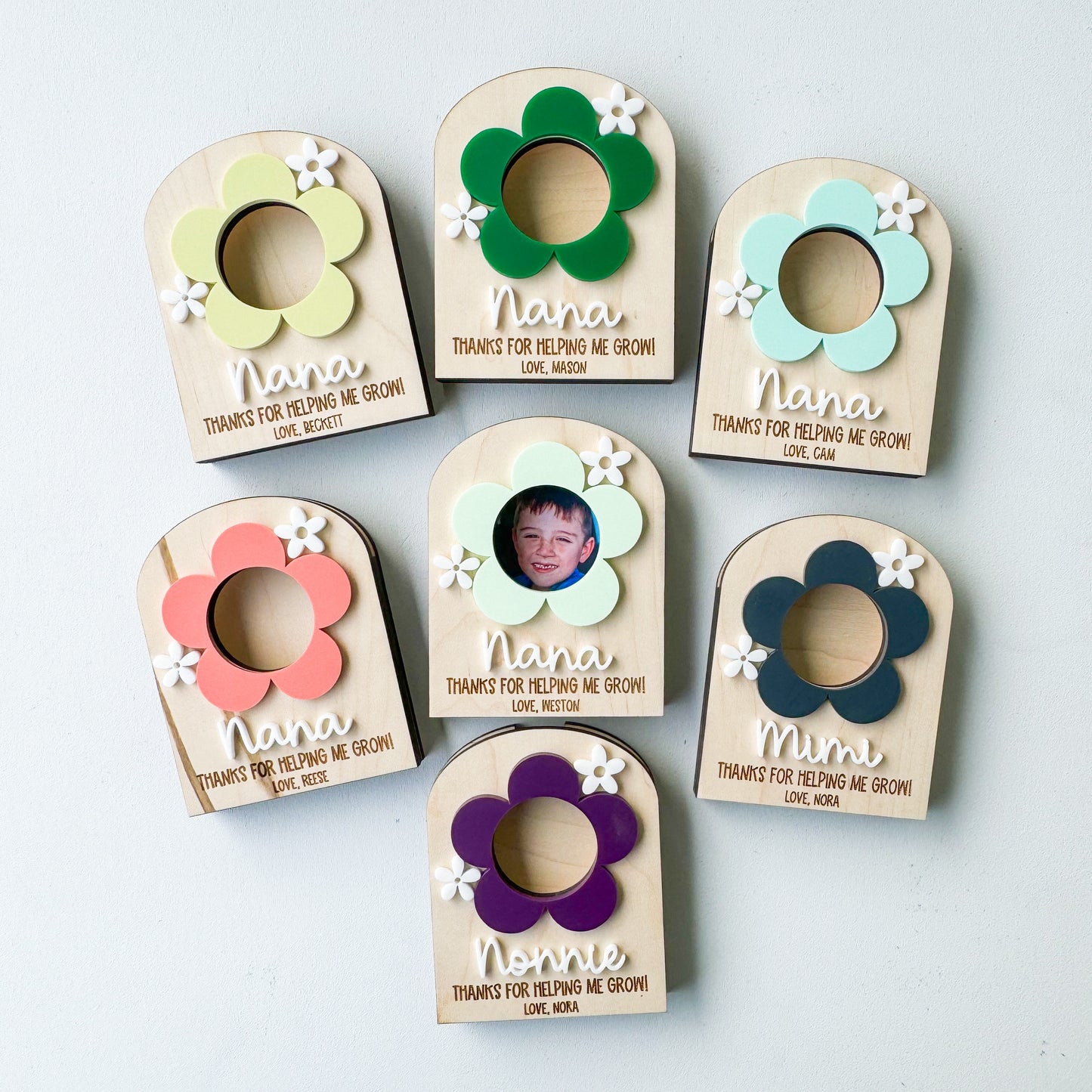 Wooden Grandma picture frame fridge magnet with personalized name, keepsake gift from kids