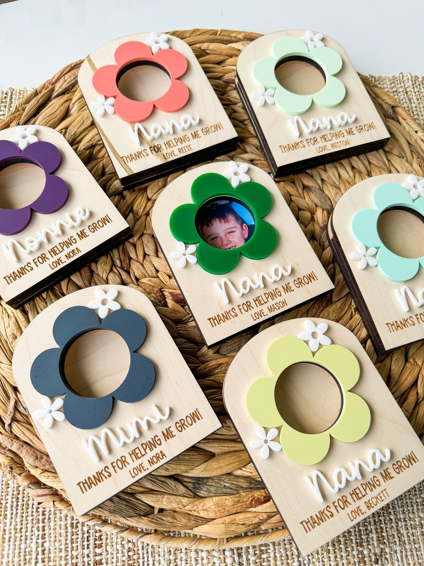 Close-up of personalized wooden Grandma photo magnet with custom name and photo slot detail