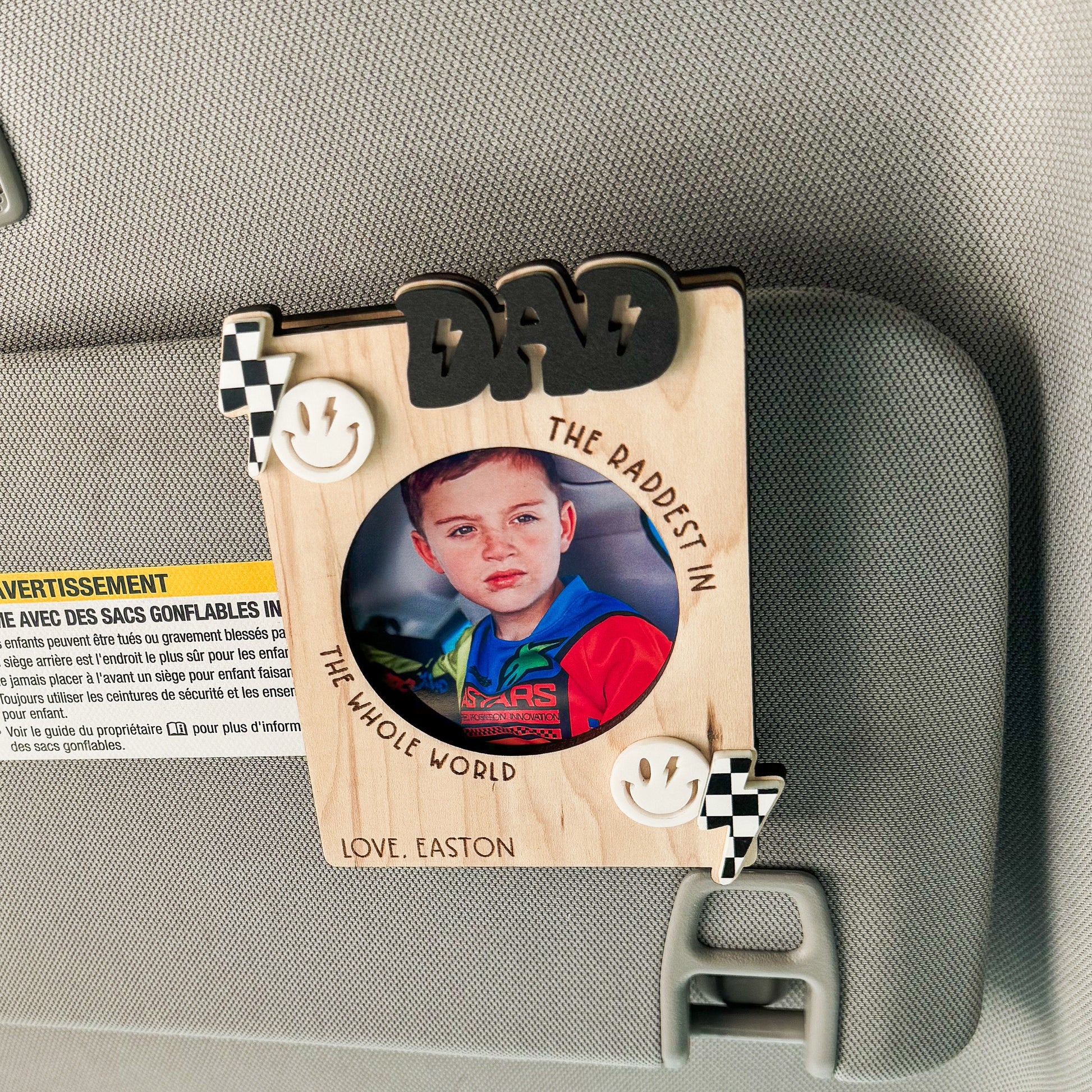 Rad Dad photo magnet displayed as visor clip, personalized Father's Day or Christmas gift