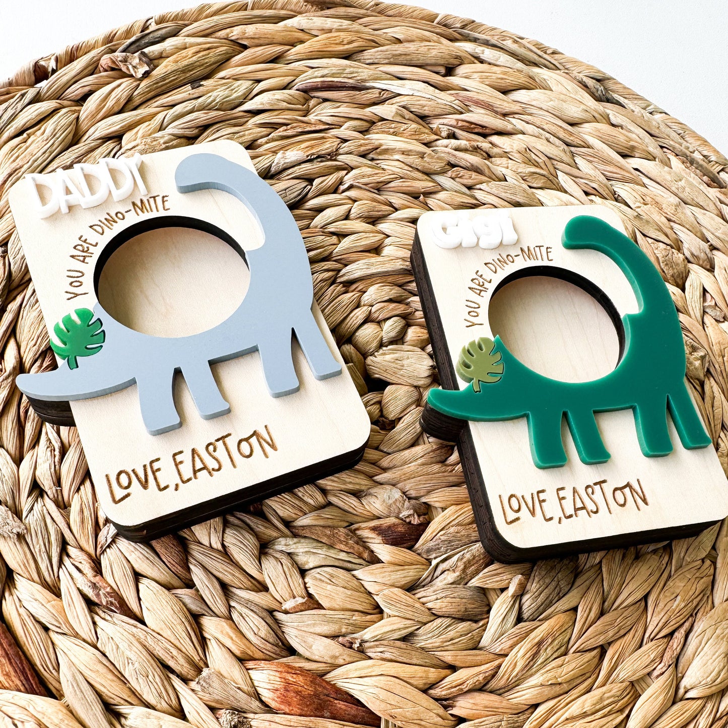 Dino-themed maple wood photo frame with custom name, personalized Father's Day keepsake