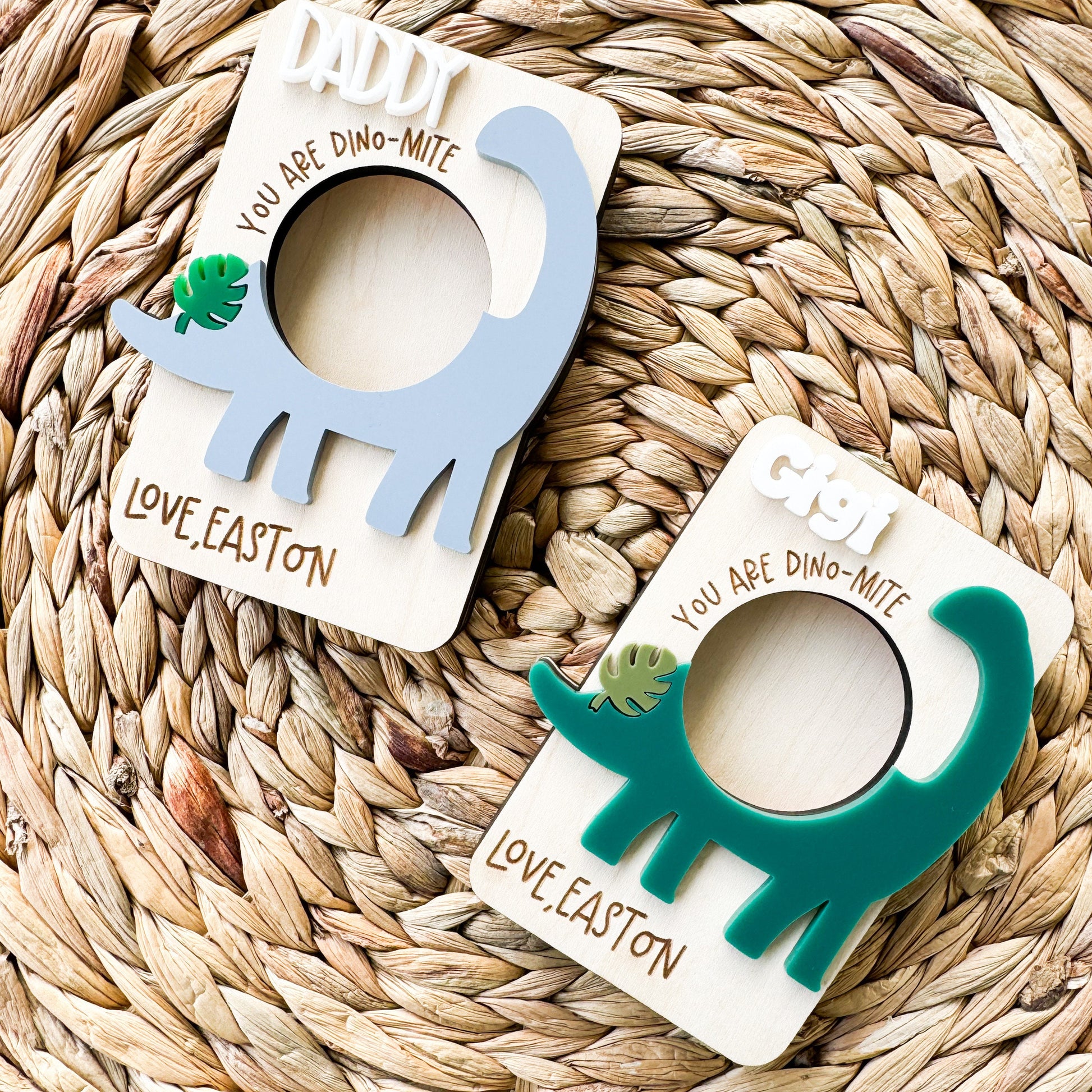 Personalized dinosaur photo frame displayed as magnet or visor clip, Dad gift from kids