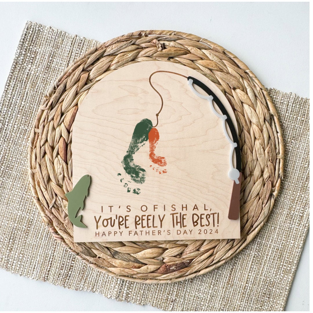 Personalized fishing keepsake sign with child handprints on maple wood plaque