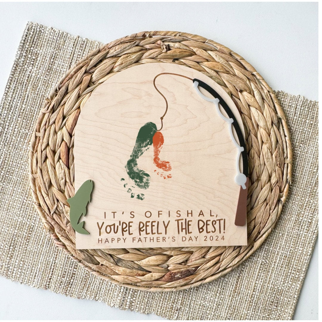 Fishing footprint plaque for Dad with layered acrylic fish and hook accents