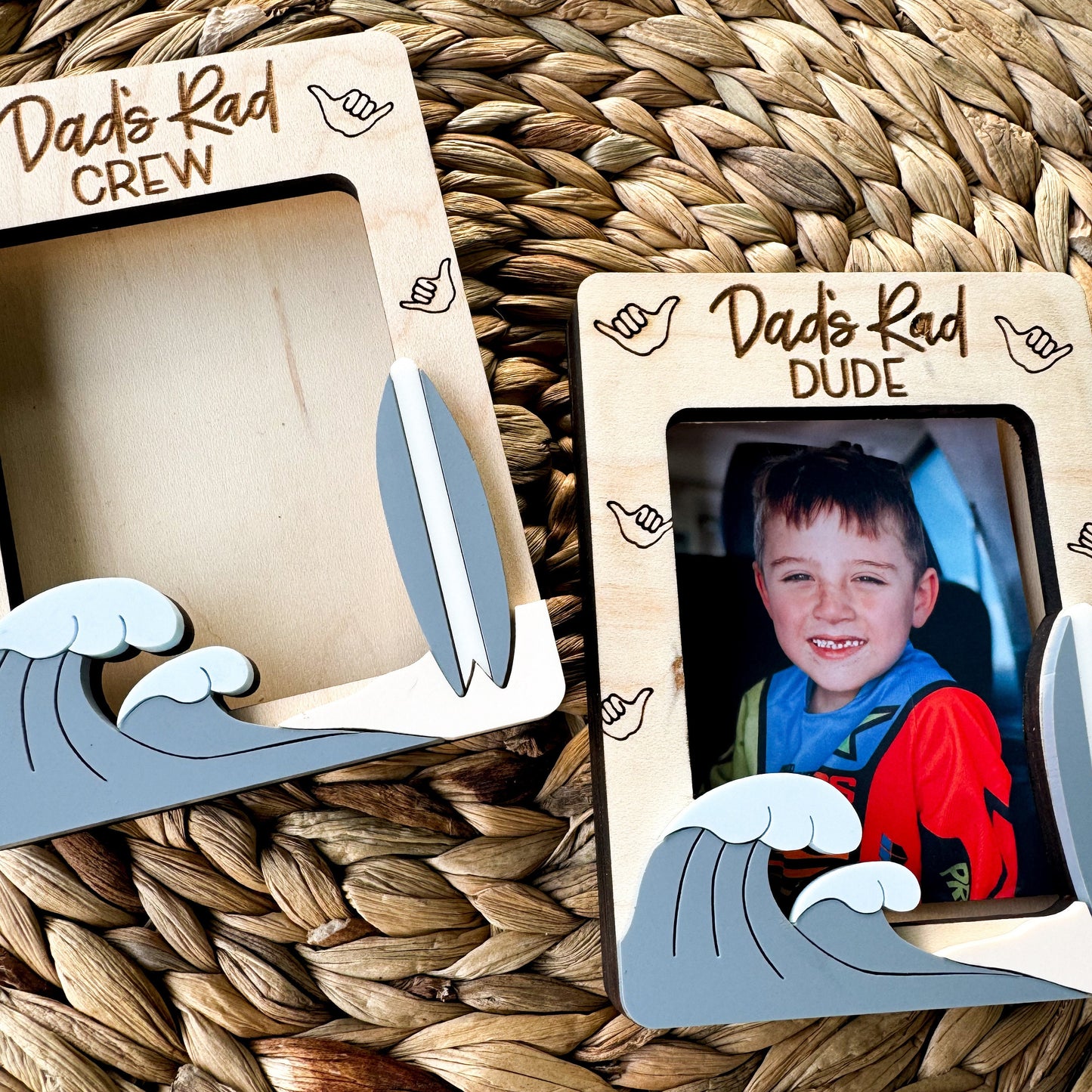 Personalized surfboard photo frame displayed as magnet or visor clip for cool Dad